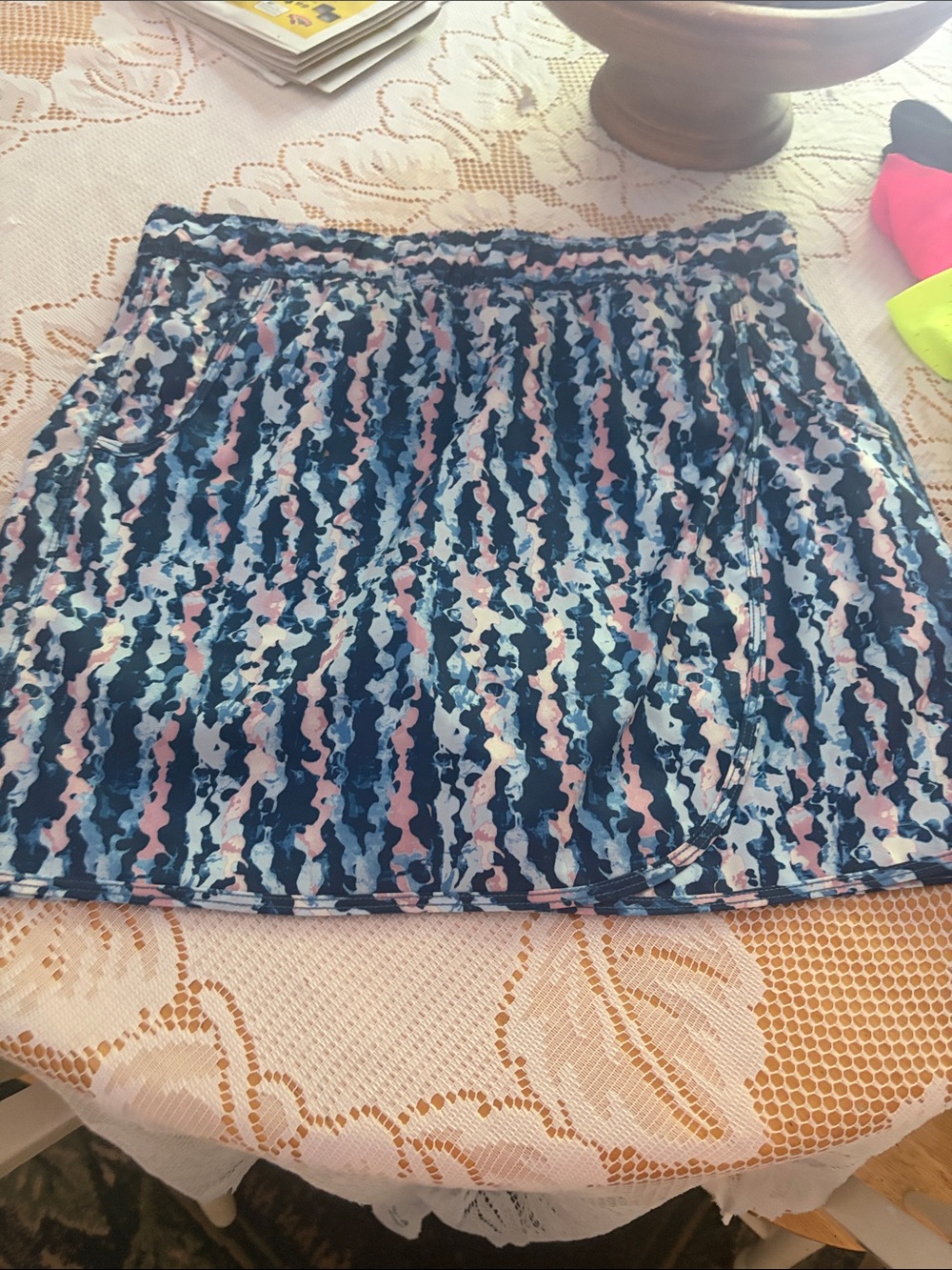 Navy & Pink Printed Mini Skirt with Elastic Waistband